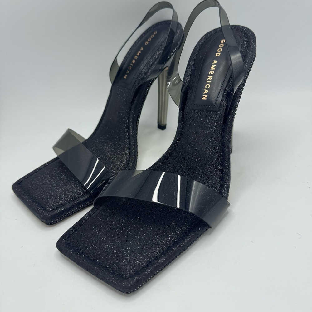 GOOD AMERICAN Black Crystal Crush Lucite Sandal Size 8.5 Black Glitter New - Picture 5 of 11